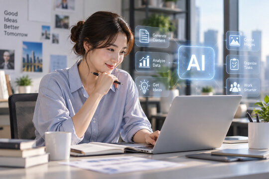 Asian businesswoman using AI tools for productivity at work