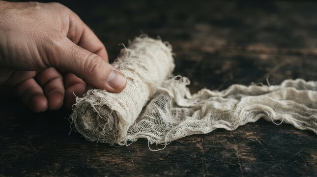 A person unrolling a vintage gauze medical bandage on a rustic wooden table for first aid and healthcare