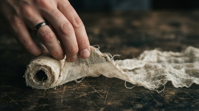 Close up of person rolling a piece of aged gauze fabric on a rustic wooden table for craft project