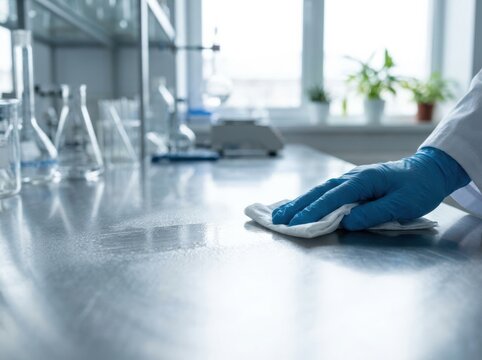 Scientist in blue gloves cleaning a stainless steel laboratory table with a white cloth for hygiene and sanitization