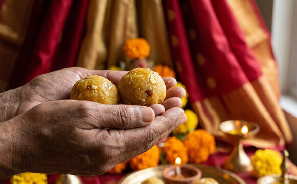 Hands holding sweet laddu balls during a traditional Indian celebration or festival
