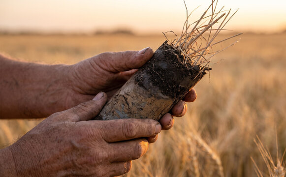 Farmer holding soil core sample in agricultural wheat field representing soil health and agronomy analysis