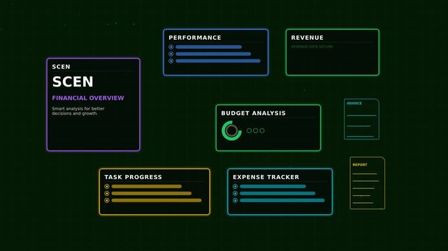 Sleek digital dashboard with colorful neon widgets showing financial analytics on a dark background, concept for income tracker, perfect for business presentation and app design.
