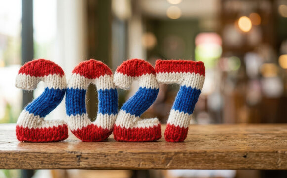 Knitted 2027 numbers in Thailand flag colors on wooden table for new year celebration