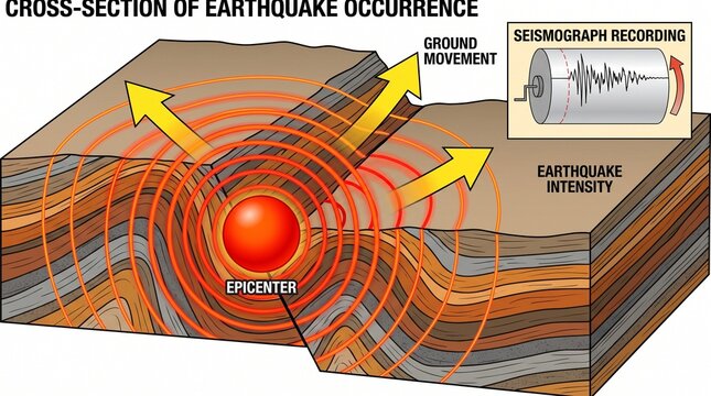 Cross section diagram of earthquake epicenter and seismic waves