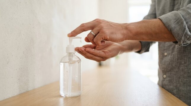 Adult caucasian man pumping sanitizer gel on his hands for hygiene and cleanliness