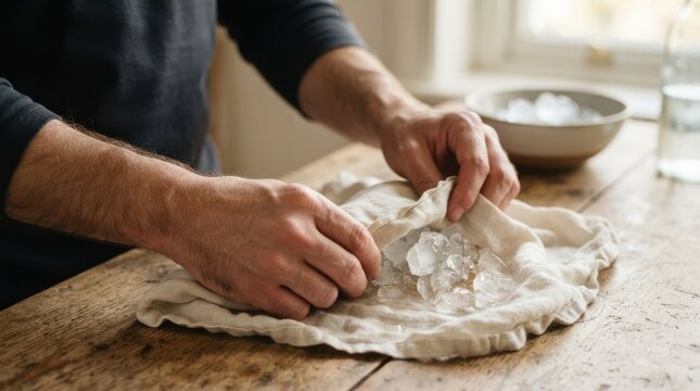 Adult man crushing ice cubes in a linen cloth on a wooden kitchen table