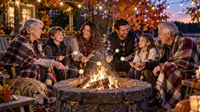 Family Roasting Marshmallows Around Cozy Autumn Fire Pit