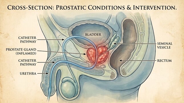 Male prostate anatomy and catheter intervention diagram