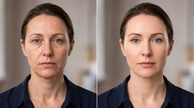 Before After Skin Retouching, Anti-Aging Woman Face Portrait