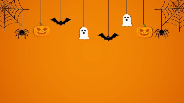 Animated Halloween Border with Spooky Pumpkins, Ghosts, Bats, and Spiders on Orange Background