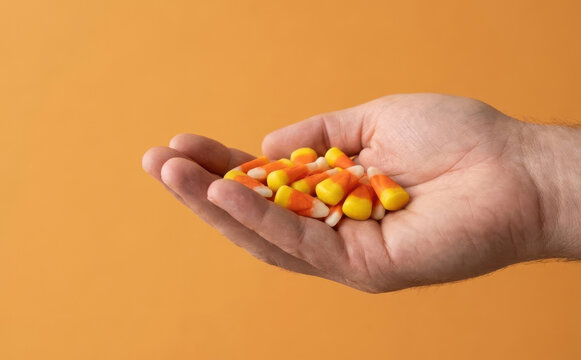 A man holding candy corn in his hand representing Halloween sweets and trick or treat traditions