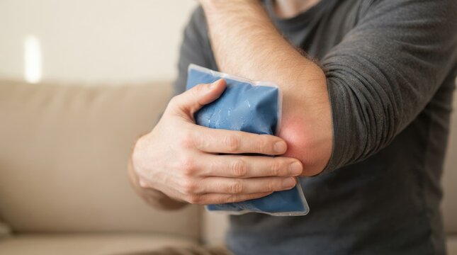 Young man applying a cold ice pack to his elbow to relieve joint pain and reduce inflammation