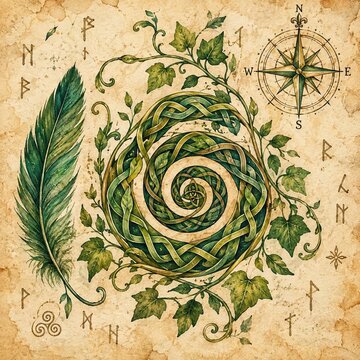 Celtic spiral design with feather and vines