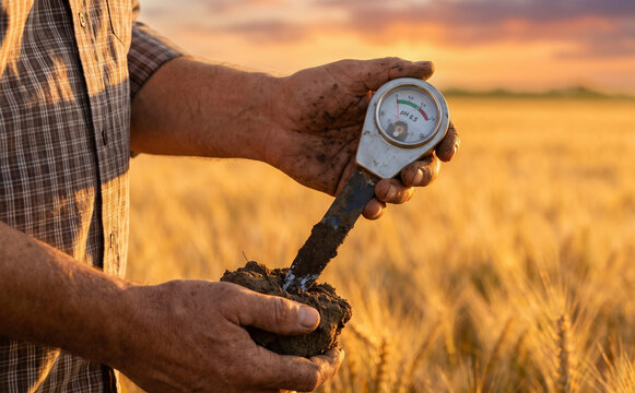 Middle aged male farmer checking soil pH with tester device in a golden wheat field at sunset