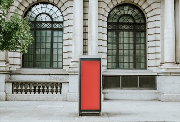 Obraz premium Red advertising kiosk in front of historic stone building