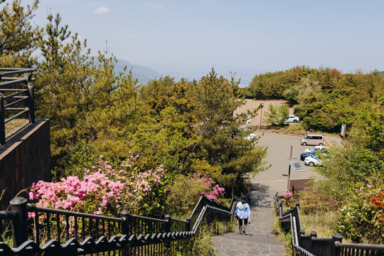 Sakurajima Volcano Island landscape, Japan, Kagoshima prefecture, Kyushu island region, island volcano and bay, Yunohira Observation Deck, ferry trip from Kagoshima, Kirishima-Kinkowan National Park