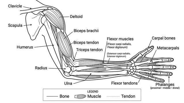 Human arm anatomy white background.