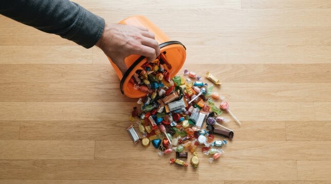 Spilled Halloween candy from an orange bucket onto a wooden floor representing trick or treat celebration and sweet treats for children