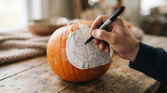 Man drawing a jack o lantern face pattern on a pumpkin for Halloween decoration