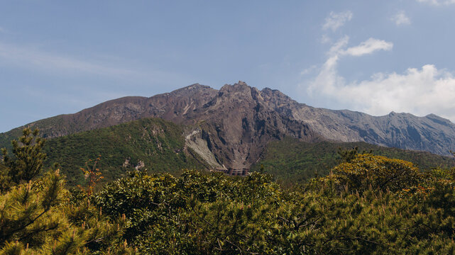 Sakurajima Volcano Island landscape, Japan, Kagoshima prefecture, Kyushu island region, island volcano and bay, Yunohira Observation Deck, ferry trip from Kagoshima, Kirishima-Kinkowan National Park