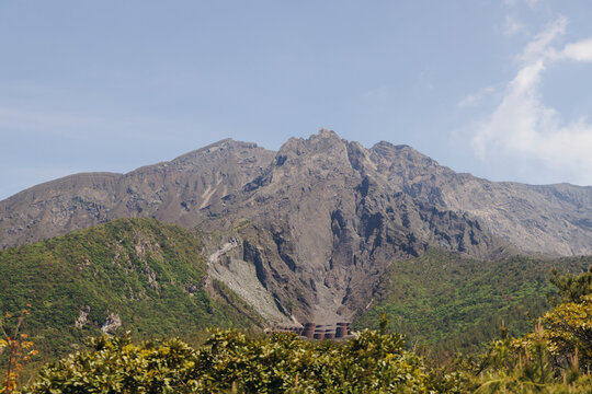 Sakurajima Volcano Island landscape, Japan, Kagoshima prefecture, Kyushu island region, island volcano and bay, Yunohira Observation Deck, ferry trip from Kagoshima, Kirishima-Kinkowan National Park