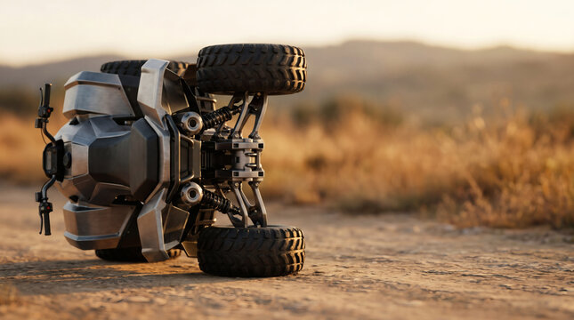 futuristic metal atv quad flipped on its side after accident golden hour crash wreck photorealistic wide angle