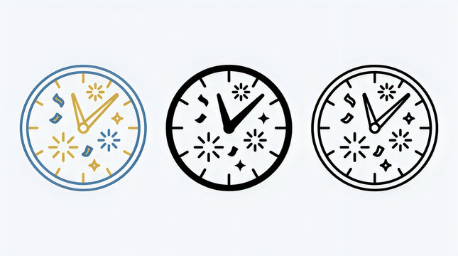 Three stylish analog clock faces with snowflakes