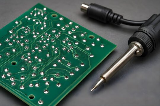 Finished soldering experiment on clean generic circuit board showing perfect solder joints unplugged electronics closeup