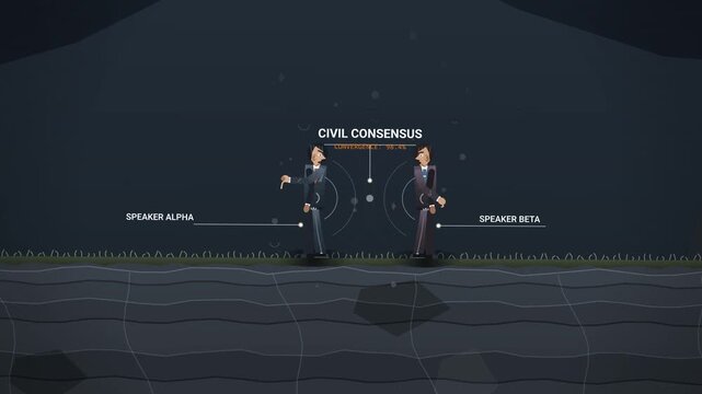 2D animation illustrating media induced public opinion polarization, showing a broadcast apparatus firing a laser to create a tectonic rupture and a deep chasm between two civil speakers