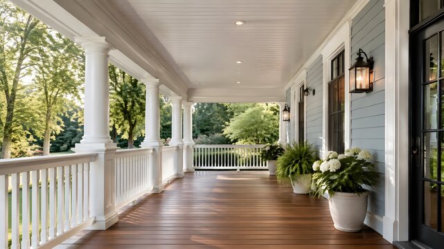 Finished porch renovation with new flooring restored columns clean ceiling precise craftsmanship for professional appeal
