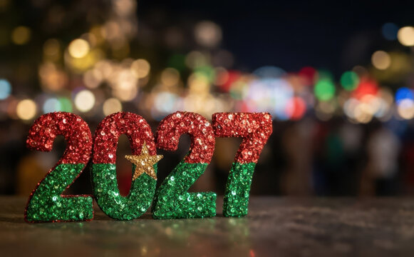 Sparkling Burkina Faso Flag Colors 2027 Celebration Concept with Bokeh Lights Background