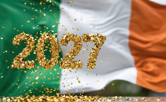 Ireland 2027 New Year celebration with gold confetti and national flag background