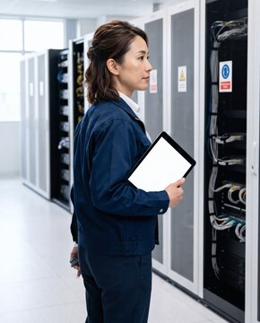 Cloud server specialist, professional female engineer using portable tablet beside server rack cabinet. Modern network administrator supervises computing hardware inside enterprise room.
