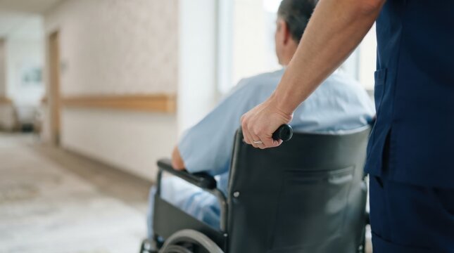 Nurse pushing senior male patient in wheelchair down hospital hallway representing medical care and assistance