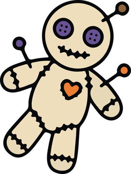 Stitched fabric voodoo doll with button eyes, red heart, and sewing needle pins.