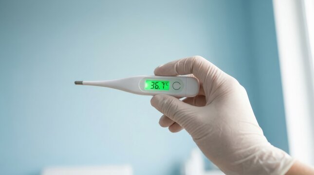 Gloved hand holding digital thermometer showing normal human body temperature for healthcare diagnosis