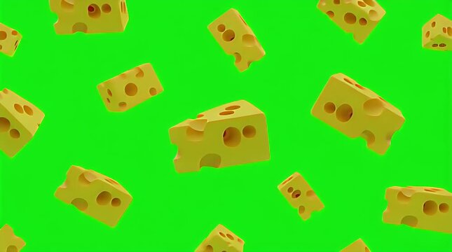 Many three dimensional cartoon style swiss cheese blocks with holes are floating and falling against a bright green screen background ideal for visual effects compositing work