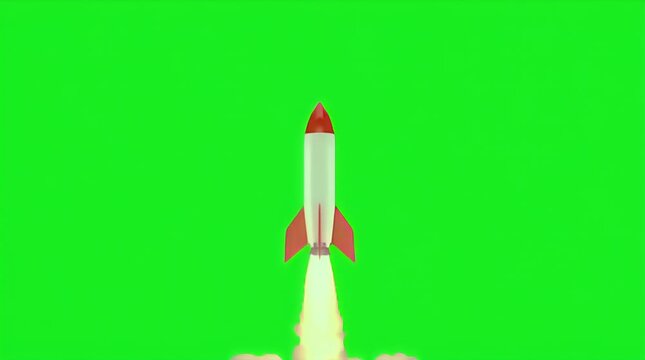 Animated cartoon style rocket launches vertically upwards through a bright green screen background illustrating rapid ascent and powerful space travel technology animation