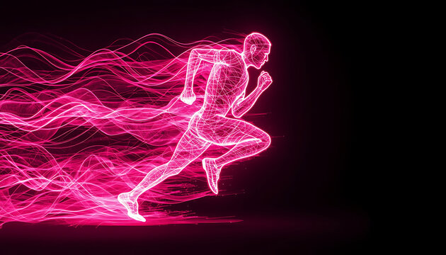 Digital neon red running man with energy light trails on black background