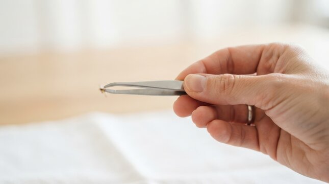 Person holding tweezers carefully to remove a tick or splinter safely for first aid and health care medical treatment