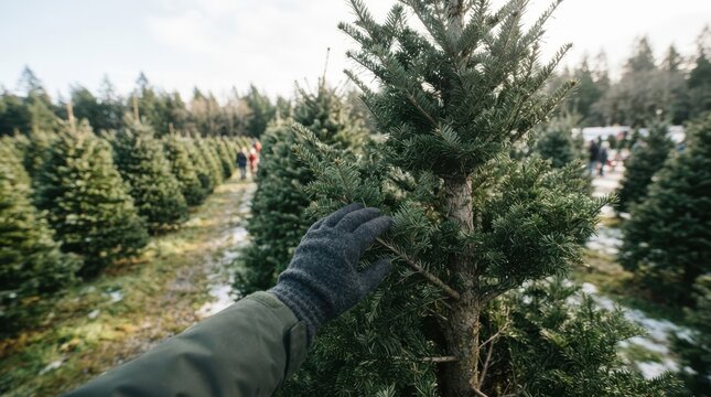 Person wearing warm gloves choosing a fresh Christmas tree at a tree farm plantation
