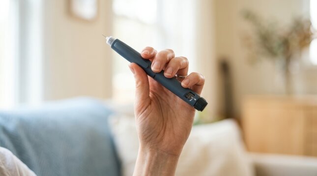 Middle-aged woman holding insulin pen for diabetes treatment at home representing healthcare management