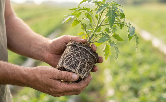 A male gardener holding a young tomato seedling with visible root ball for planting in an agricultural field