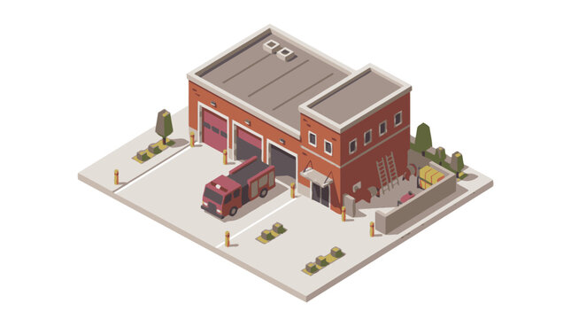 Isometric Fire Station with Fire Truck and Surrounding Landscape.