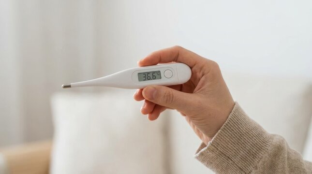 Person holding a digital thermometer showing normal body temperature for health check and fever monitoring