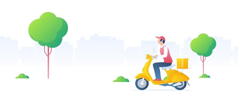 Delivery courier riding bright yellow scooter through city streets for fast food shipment transport service in this colorful animated vector motion graphic loop showing a cheerful worker on a mission.