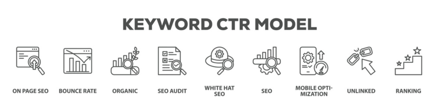 Keyword Ctr Model with icon of On page seo, Bounce rate, Organic, Seo audit, White hat seo, Seo, Mobile optimization, Unlinked, Ranking