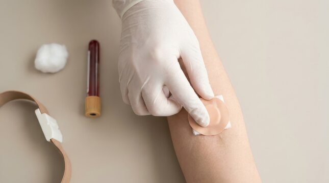 Medical professional applying adhesive bandage on female arm after blood test procedure