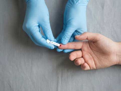 Medical professional using lancet device to prick finger of adult patient for blood test collection
